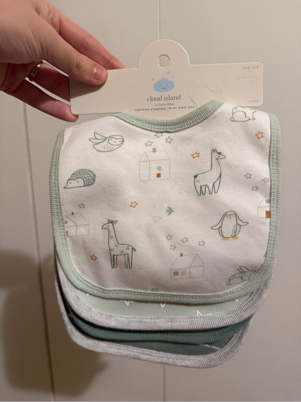 cloud island 4-Pack Baby Bibs in Mint, White, and Gray with Animal Prints